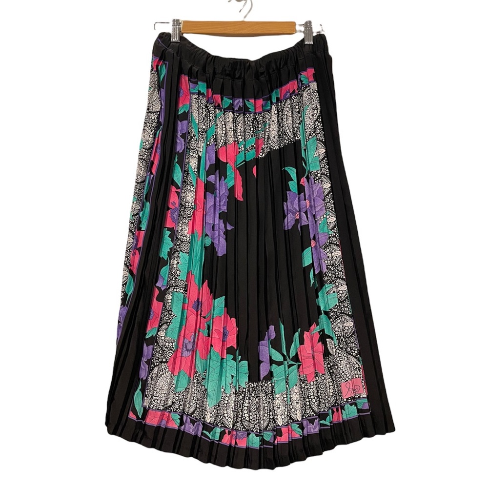 Vintage Floral Pleated Midi Skirt Pink Purple Black Green